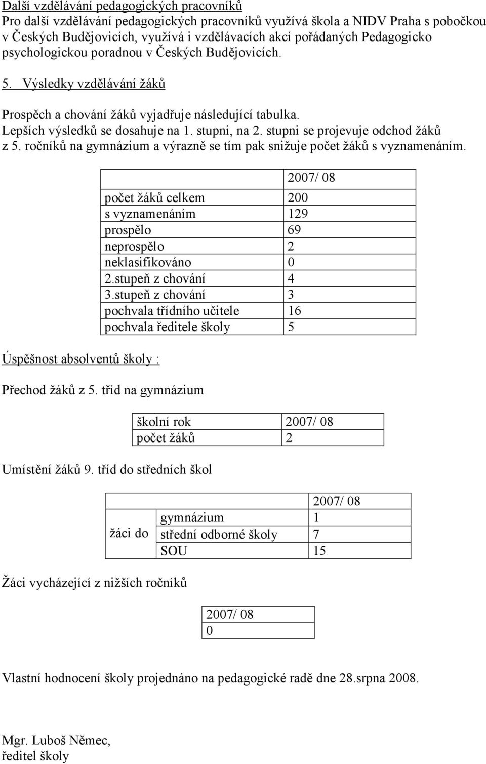 stupni se projevuje odchod žáků z 5. ročníků na gymnázium a výrazně se tím pak snižuje počet žáků s vyznamenáním.