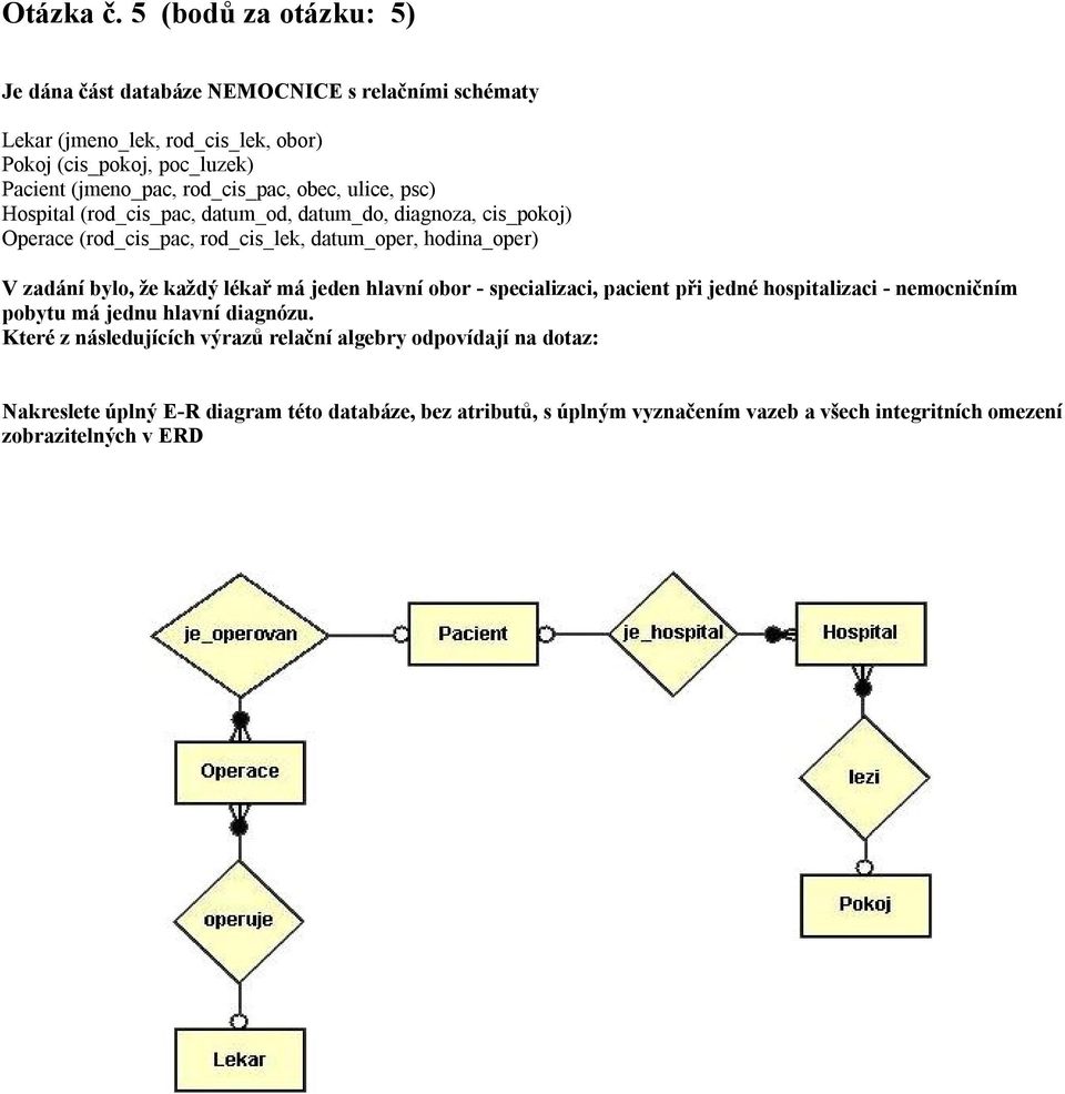 rod_cis_pac, obec, ulice, psc) Hospital (rod_cis_pac, datum_od, datum_do, diagnoza, cis_pokoj) Operace (rod_cis_pac, rod_cis_lek, datum_oper, hodina_oper) V zadání