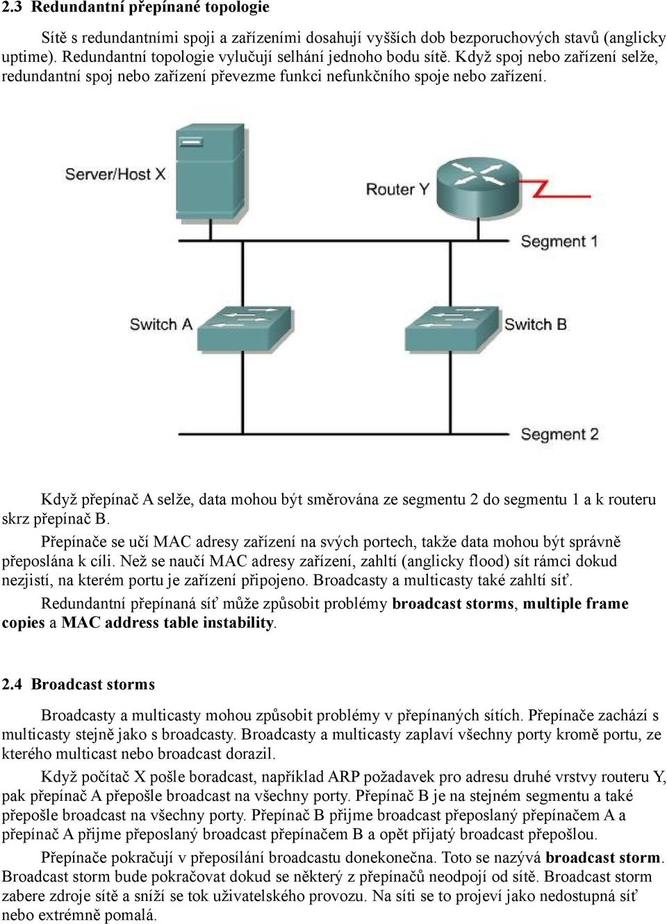 Když přepínač A selže, data mohou být směrována ze segmentu 2 do segmentu 1 a k routeru skrz přepínač B.
