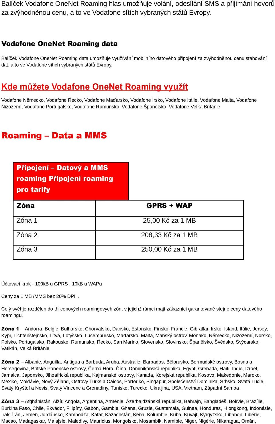 Kde můžete Vodafone OneNet Roaming využít Vodafone Německo, Vodafone Řecko, Vodafone Maďarsko, Vodafone Irsko, Vodafone Itálie, Vodafone Malta, Vodafone Nizozemí, Vodafone Portugalsko, Vodafone