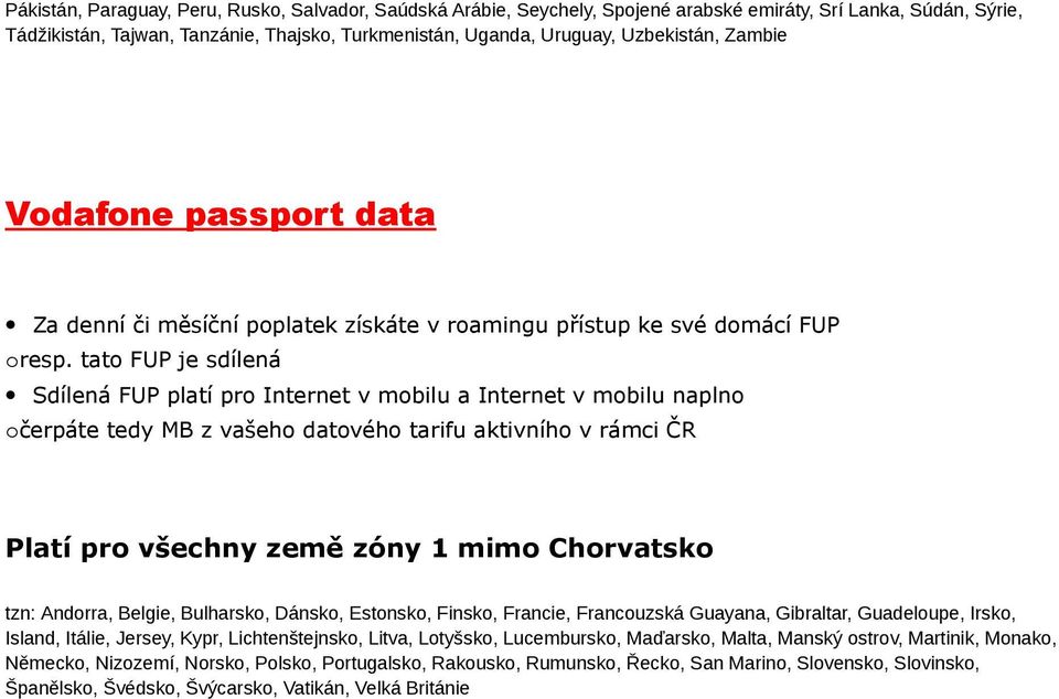 tato FUP je sdílená Sdílená FUP platí pro Internet v mobilu a Internet v mobilu naplno očerpáte tedy MB z vašeho datového tarifu aktivního v rámci ČR Platí pro všechny země zóny 1 mimo Chorvatsko