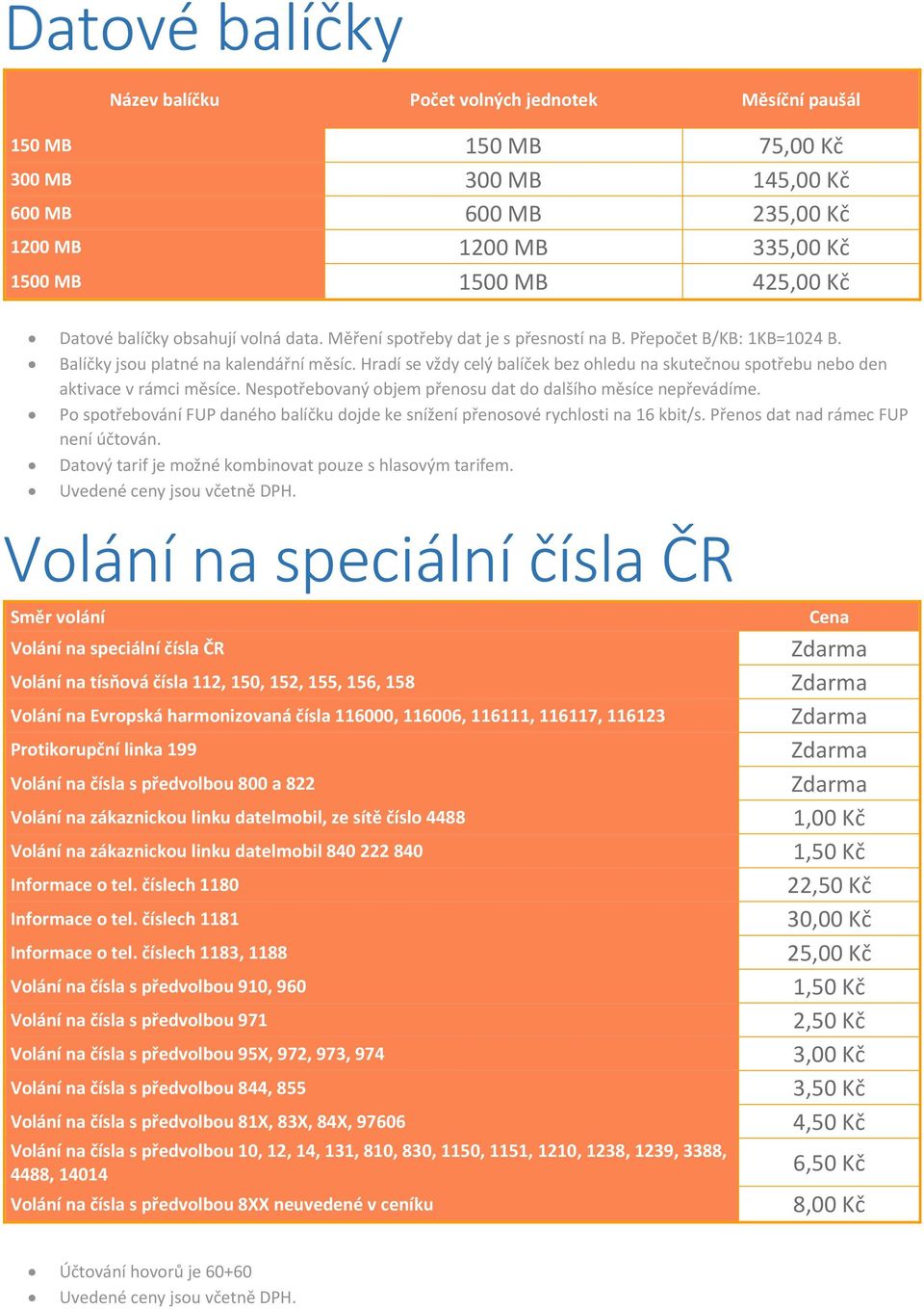 Hradí se vždy celý balíček bez ohledu na skutečnou spotřebu nebo den aktivace v rámci měsíce. Nespotřebovaný objem přenosu dat do dalšího měsíce nepřevádíme.