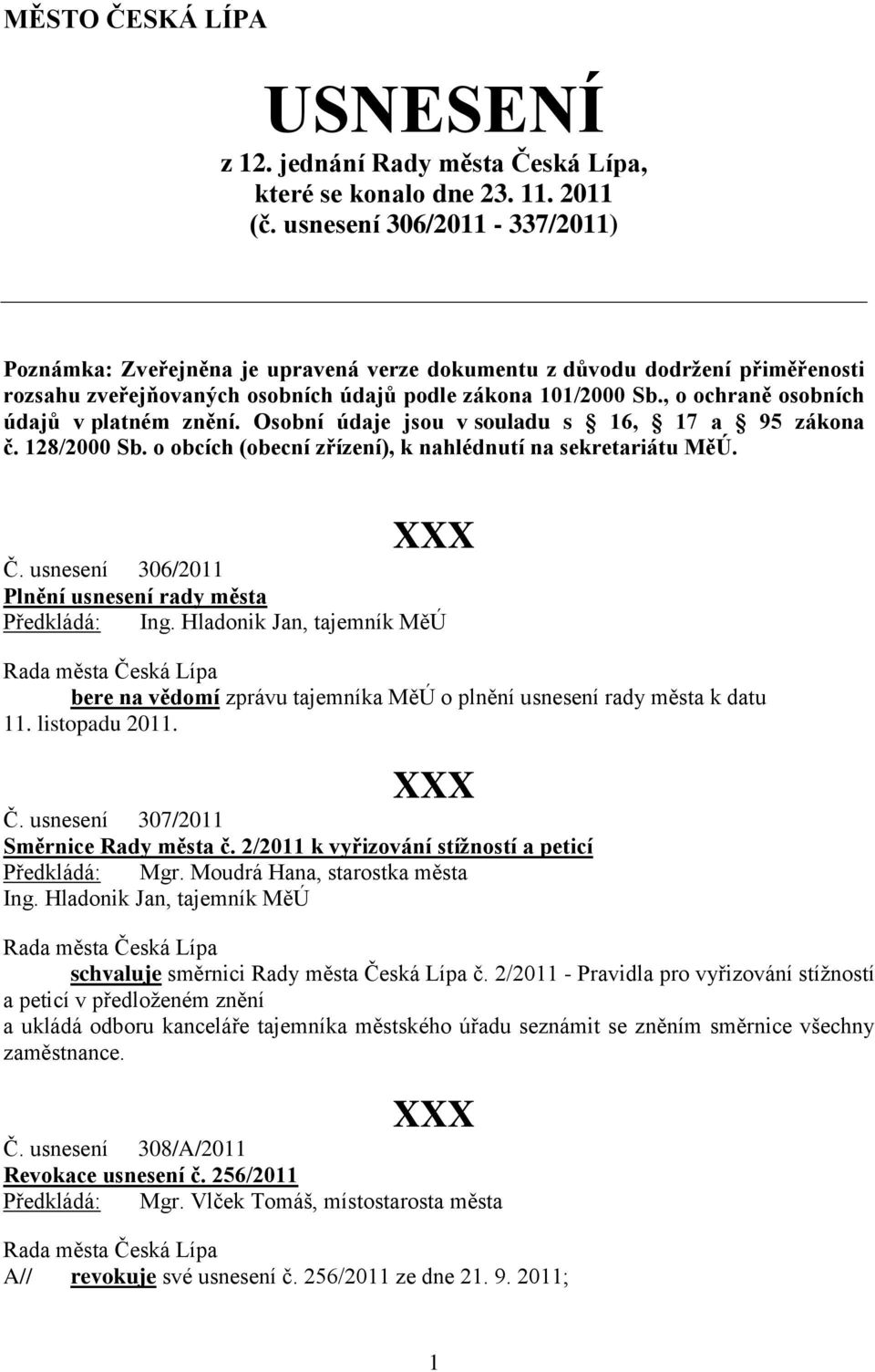 , o ochraně osobních údajů v platném znění. Osobní údaje jsou v souladu s 16, 17 a 95 zákona č. 128/2000 Sb. o obcích (obecní zřízení), k nahlédnutí na sekretariátu MěÚ. Č.