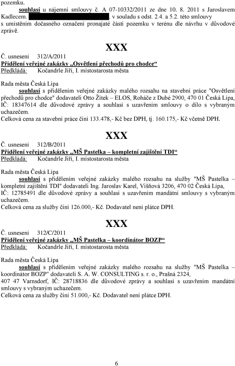 Žítek ELOS, Roháče z Dubé 2900, 470 01 Česká Lípa, IČ: 18347614 dle důvodové zprávy a souhlasí s uzavřením smlouvy o dílo s vybraným uchazečem. Celková cena za stavební práce činí 133.