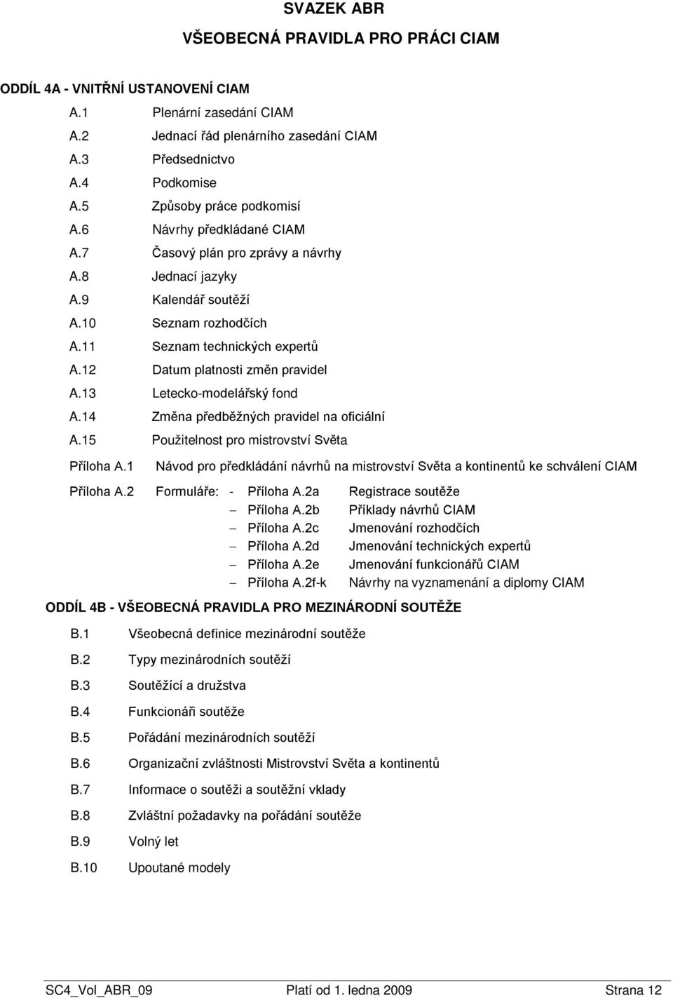 12 Datum platnosti změn pravidel A.13 Letecko-modelářský fond A.14 Změna předběžných pravidel na oficiální A.15 Použitelnost pro mistrovství Světa Příloha A.