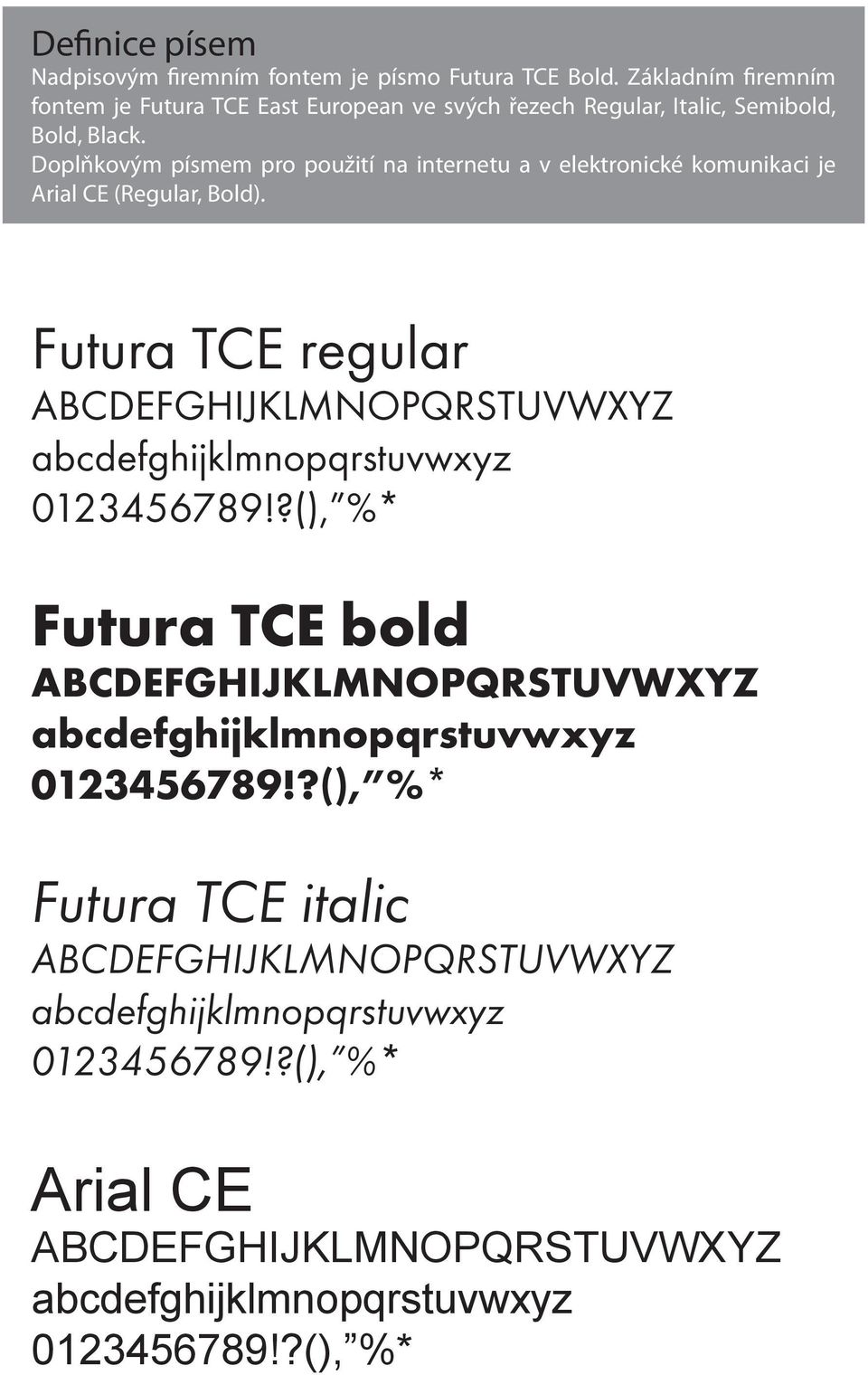 Doplňkovým písmem pro použití na internetu a v elektronické komunikaci je Arial CE (Regular, Bold).