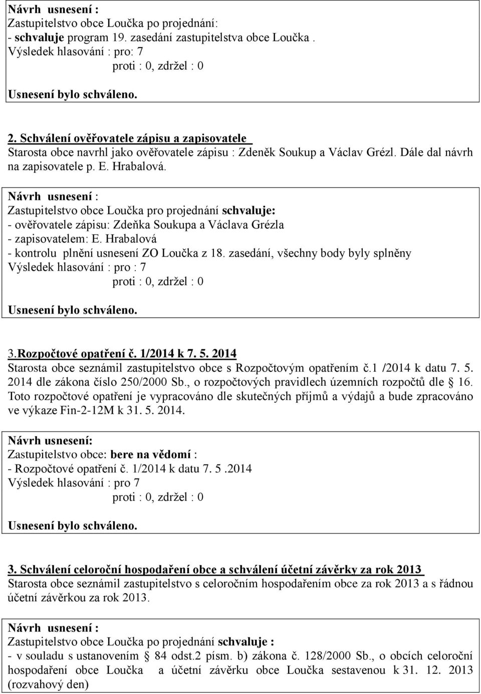 Zastupitelstvo obce Loučka pro projednání schvaluje: - ověřovatele zápisu: Zdeňka Soukupa a Václava Grézla - zapisovatelem: E. Hrabalová - kontrolu plnění usnesení ZO Loučka z 18.