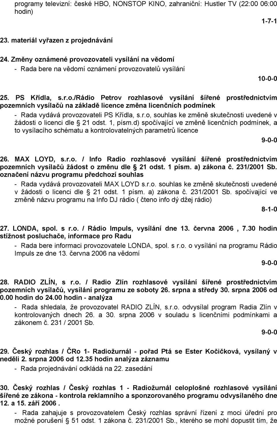 r.o, souhlas ke změně skutečnosti uvedené v žádosti o licenci dle 21 odst. 1, písm.d) spočívající ve změně licenčních podmínek, a to vysílacího schématu a kontrolovatelných parametrů licence 26.