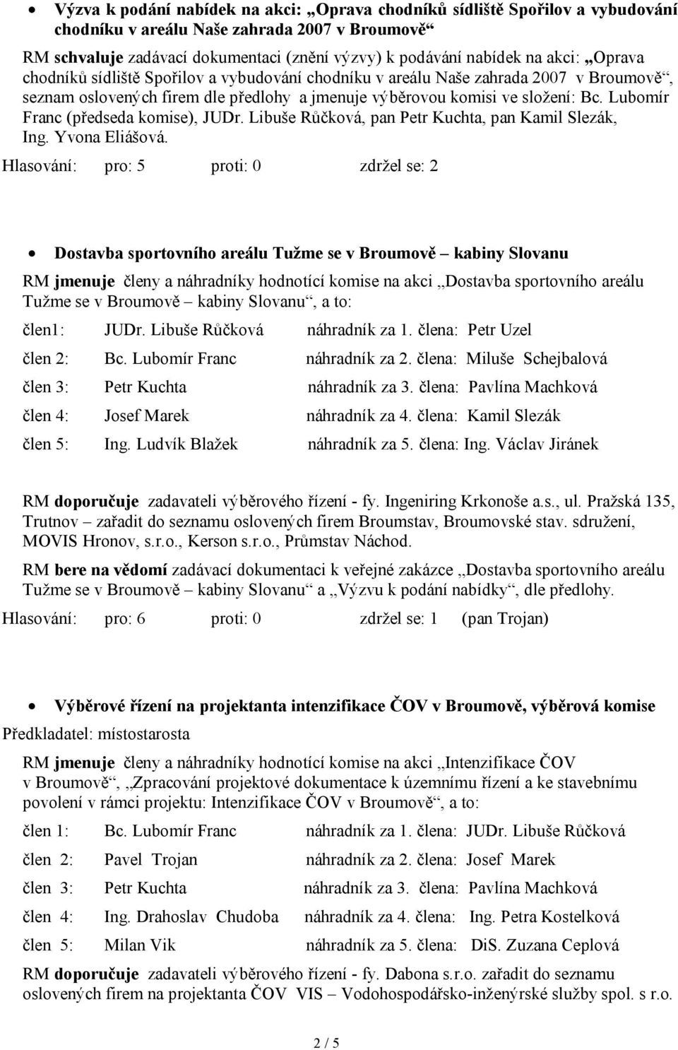 Lubomír Franc (předseda komise), JUDr. Libuše Růčková, pan Petr Kuchta, pan Kamil Slezák, Ing. Yvona Eliášová.