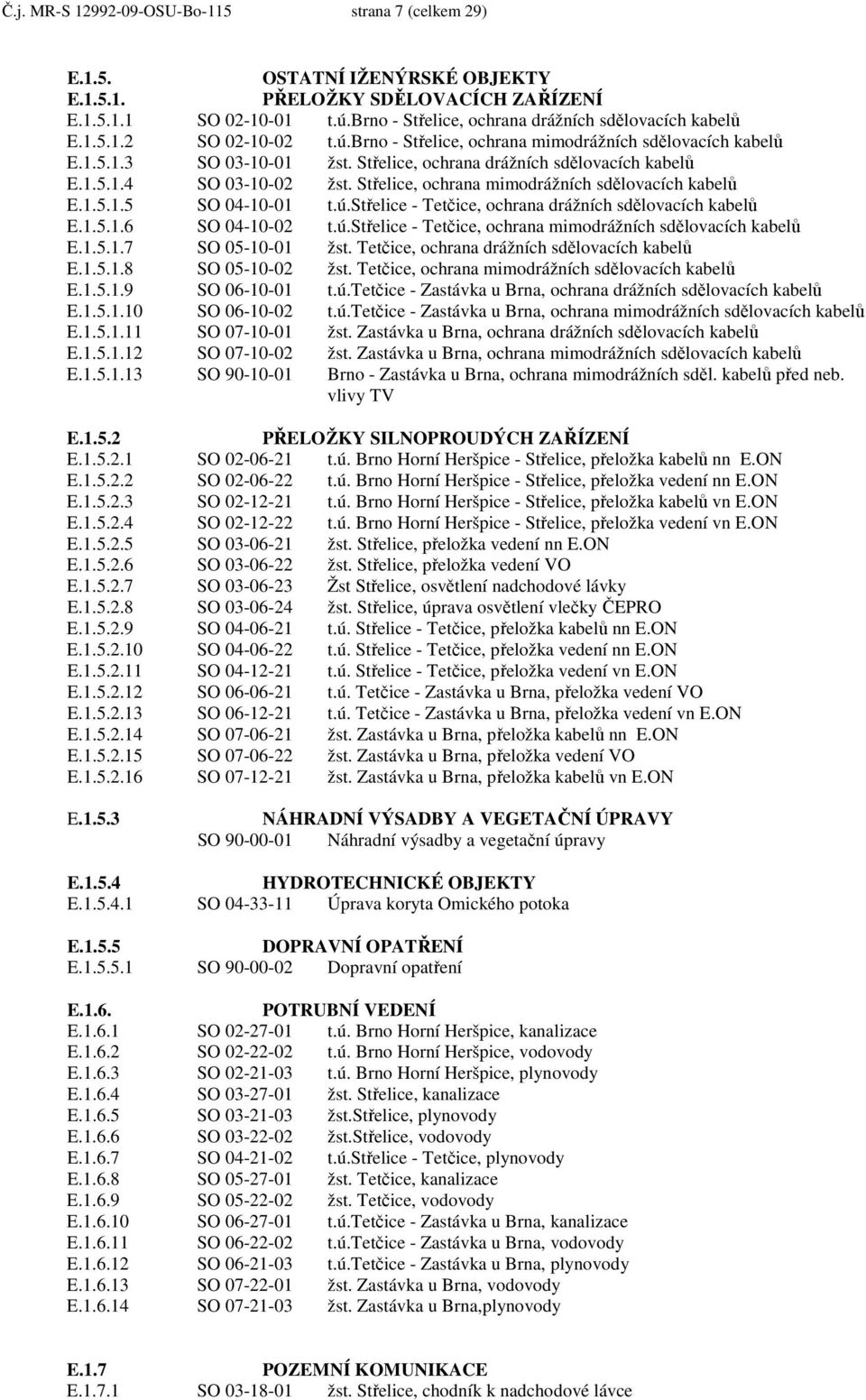 Střelice, ochrana drážních sdělovacích kabelů E.1.5.1.4 SO 03-10-02 žst. Střelice, ochrana mimodrážních sdělovacích kabelů E.1.5.1.5 SO 04-10-01 t.ú.