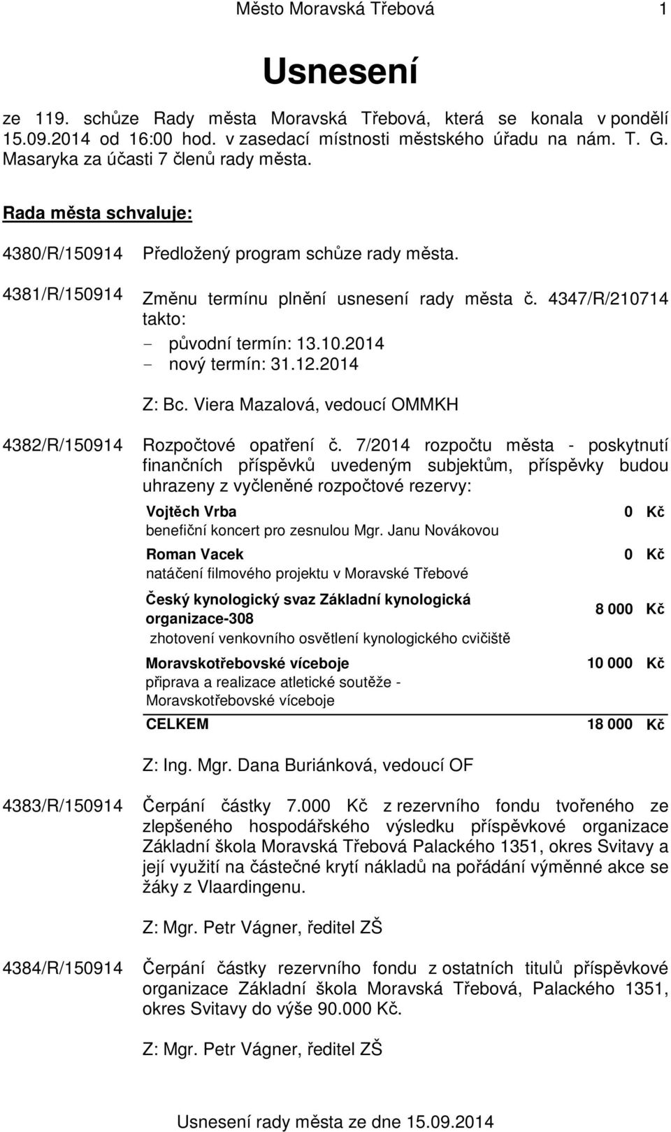 4347/R/210714 takto: - původní termín: 13.10.2014 - nový termín: 31.12.2014 Z: Bc. Viera Mazalová, vedoucí OMMKH 4382/R/150914 Rozpočtové opatření č.