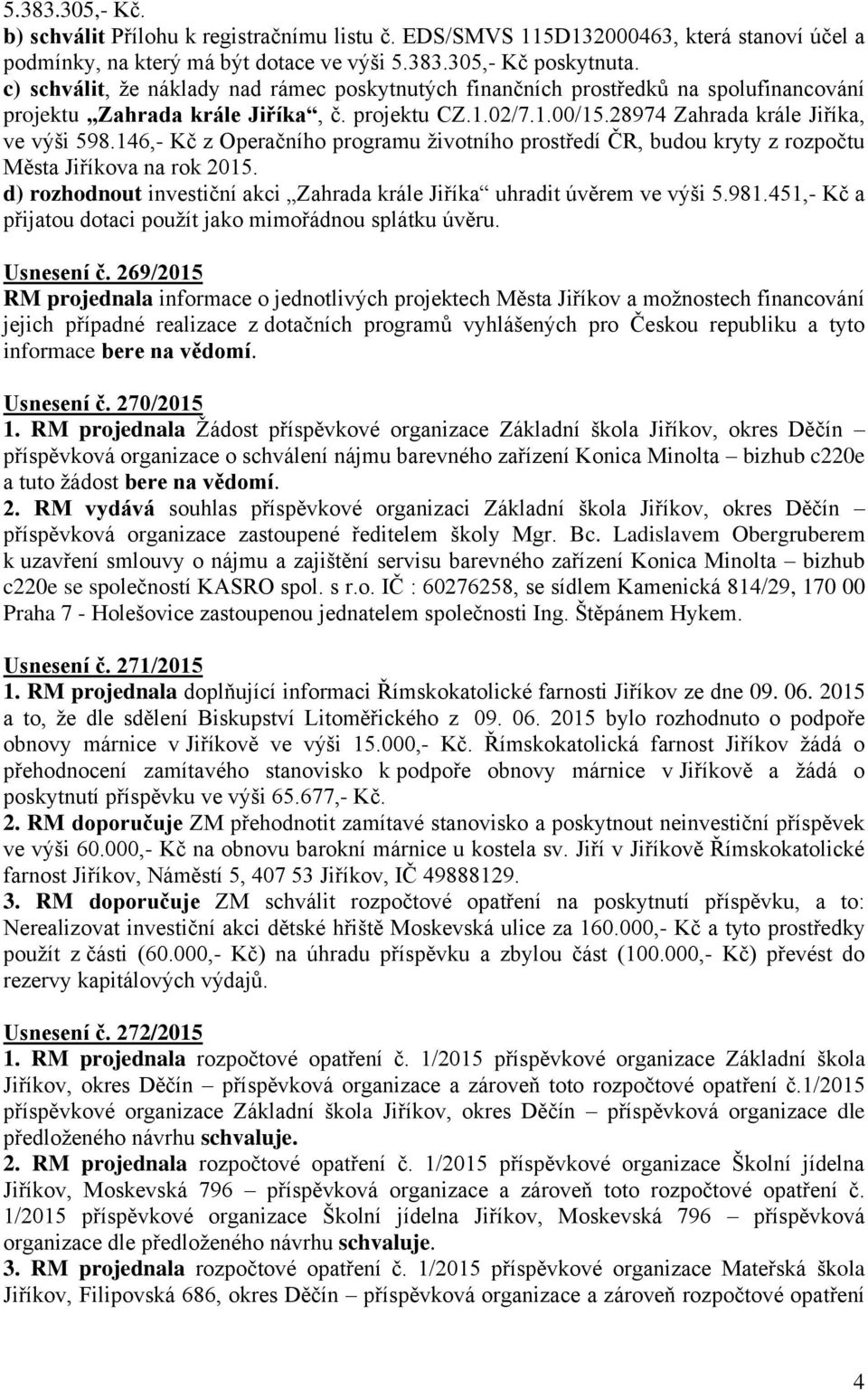 146,- Kč z Operačního programu životního prostředí ČR, budou kryty z rozpočtu Města Jiříkova na rok 2015. d) rozhodnout investiční akci Zahrada krále Jiříka uhradit úvěrem ve výši 5.981.