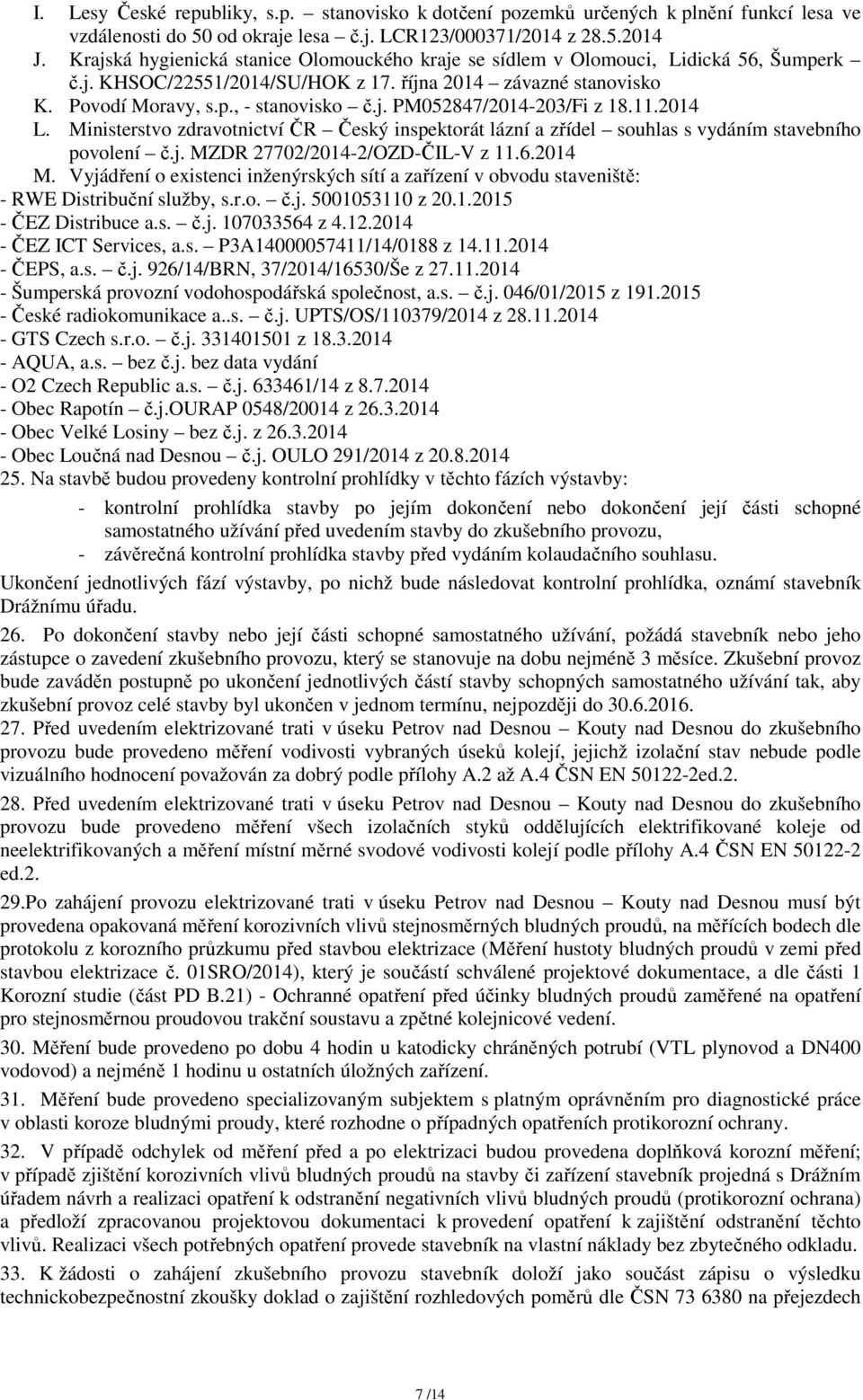 11.2014 L. Ministerstvo zdravotnictví ČR Český inspektorát lázní a zřídel souhlas s vydáním stavebního povolení č.j. MZDR 27702/2014-2/OZD-ČIL-V z 11.6.2014 M.