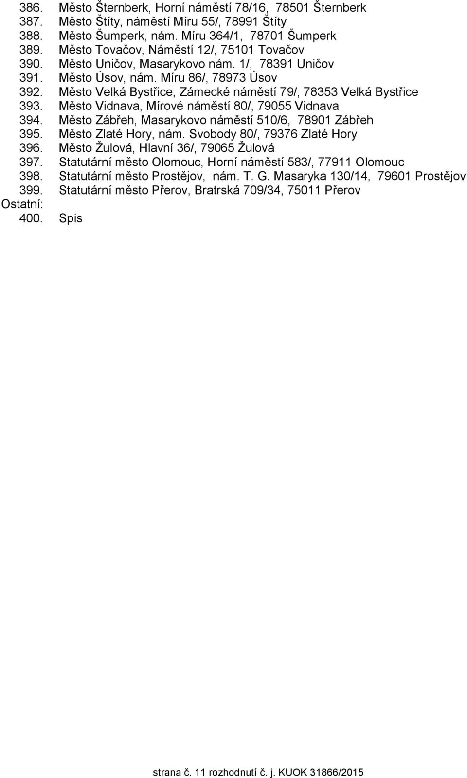 Město Velká Bystřice, Zámecké náměstí 79/, 78353 Velká Bystřice 393. Město Vidnava, Mírové náměstí 80/, 79055 Vidnava 394. Město Zábřeh, Masarykovo náměstí 510/6, 78901 Zábřeh 395.