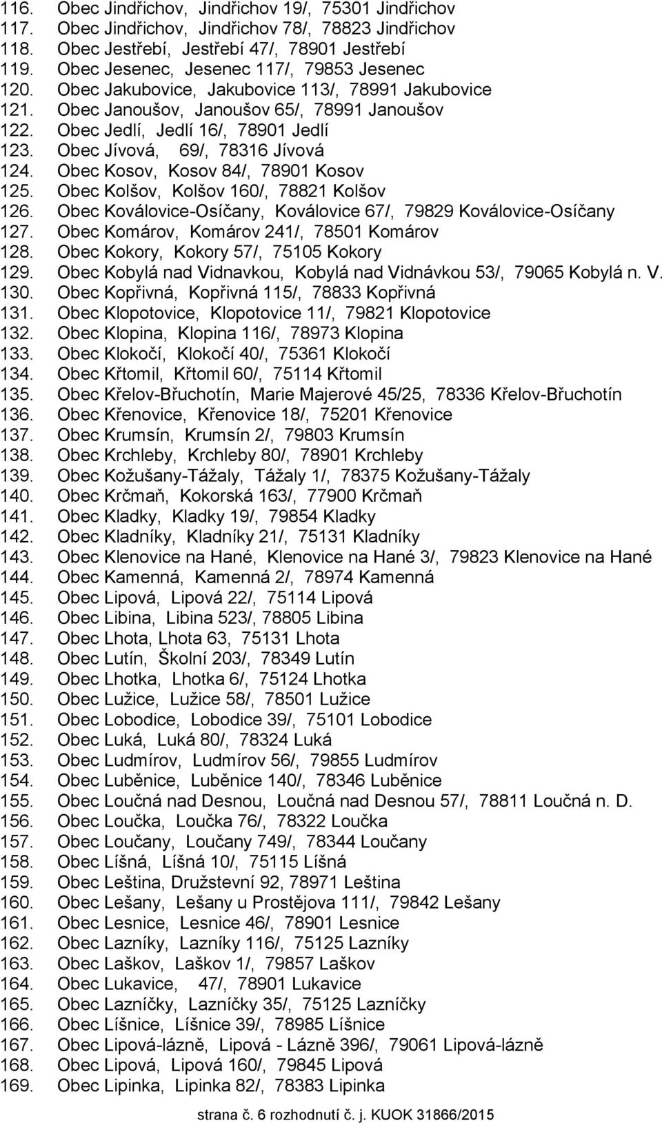 Obec Jívová, 69/, 78316 Jívová 124. Obec Kosov, Kosov 84/, 78901 Kosov 125. Obec Kolšov, Kolšov 160/, 78821 Kolšov 126. Obec Koválovice-Osíčany, Koválovice 67/, 79829 Koválovice-Osíčany 127.