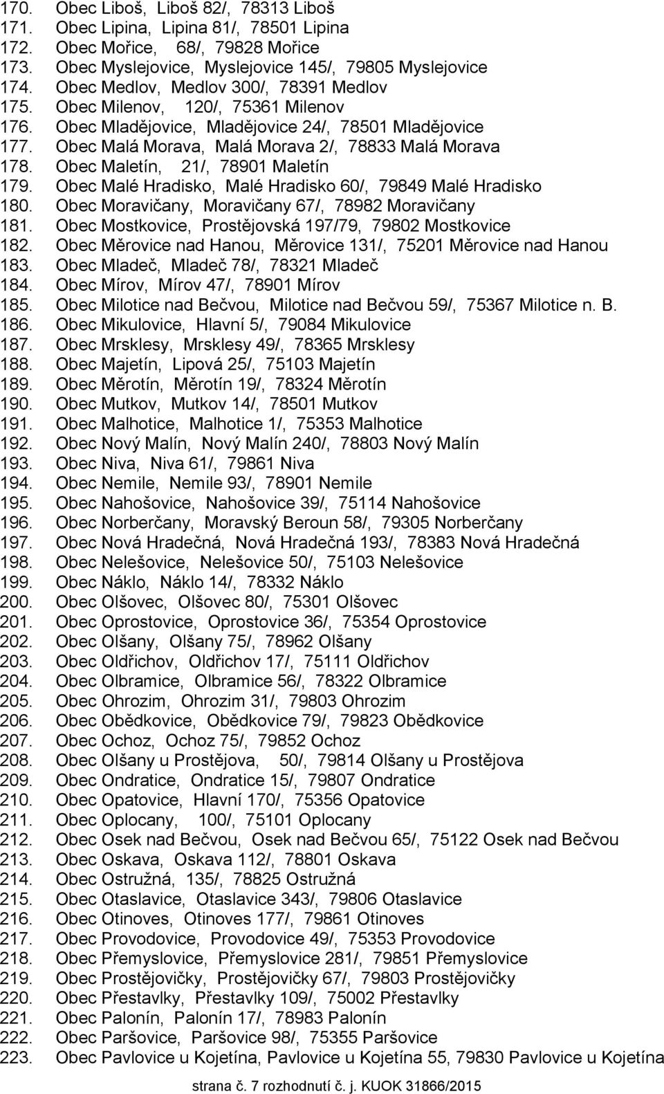 Obec Maletín, 21/, 78901 Maletín 179. Obec Malé Hradisko, Malé Hradisko 60/, 79849 Malé Hradisko 180. Obec Moravičany, Moravičany 67/, 78982 Moravičany 181.