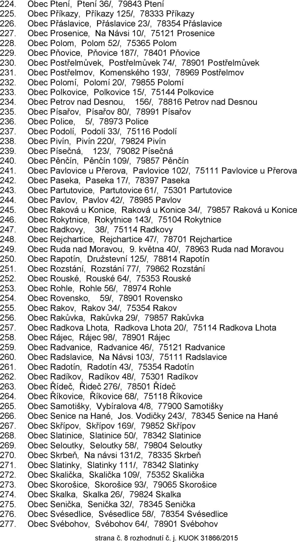 Obec Postřelmov, Komenského 193/, 78969 Postřelmov 232. Obec Polomí, Polomí 20/, 79855 Polomí 233. Obec Polkovice, Polkovice 15/, 75144 Polkovice 234.