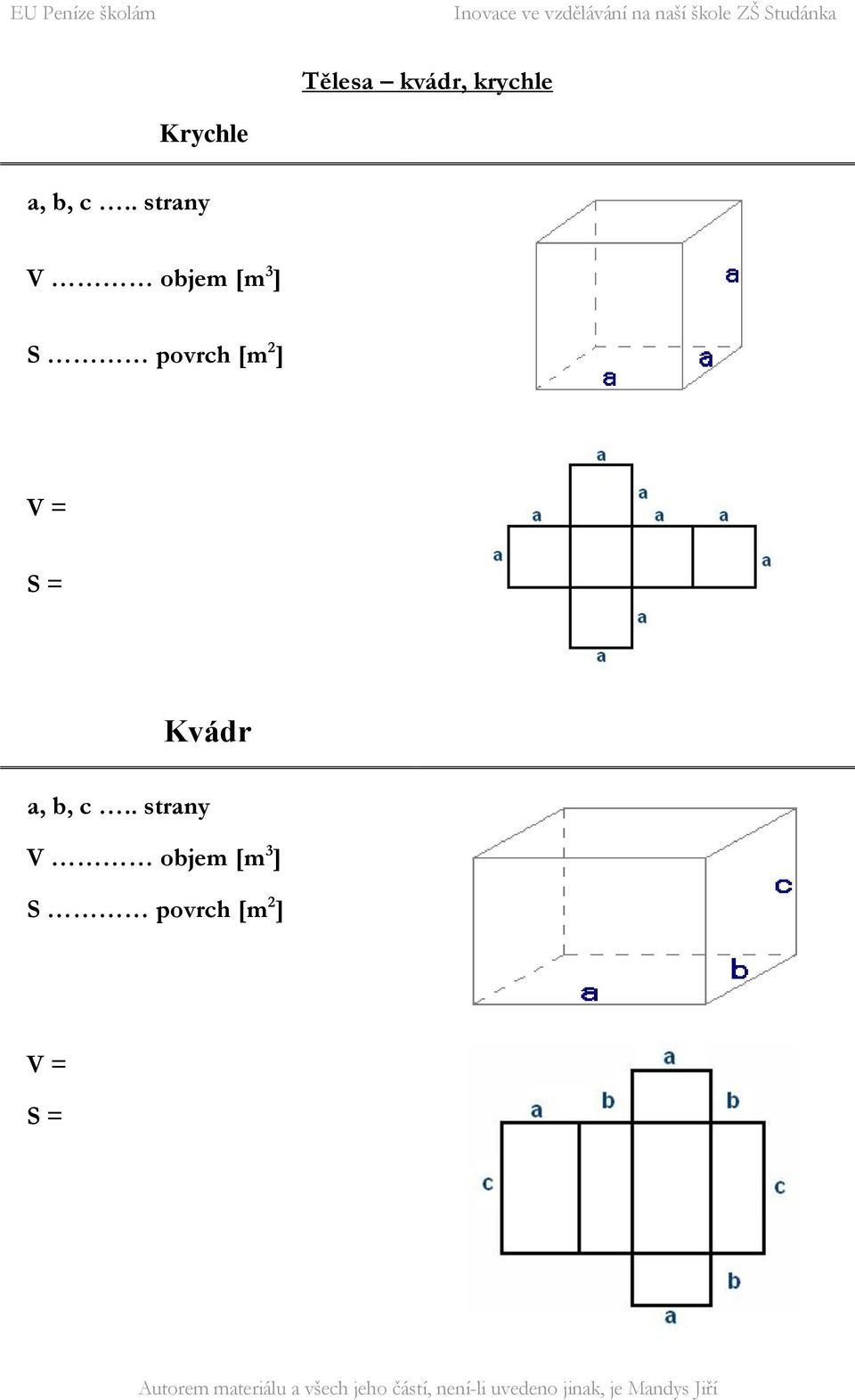 [m 2 ] V = S = Kvádr a, b,  [m 2 ] V