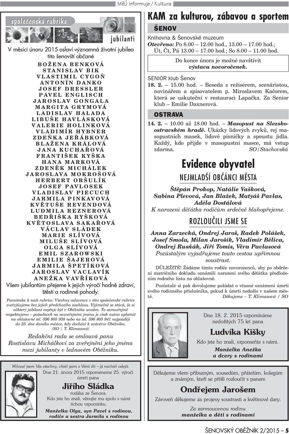 JOSE PAVLOSEK VLADISLAV PIECUCH JARMILA PINKAVOVÁ KVÌTUŠE REVENDOVÁ LUDMILA REZNEROVÁ BEDØIŠKA RYŠKOVÁ KVÌTOSLAVA SAKAØOVÁ VÁCLAV SLÁDEK MARIE SLÍVOVÁ MILUŠE SLÍVOVÁ OLGA SLÍVOVÁ EMIL SZAROWSKI