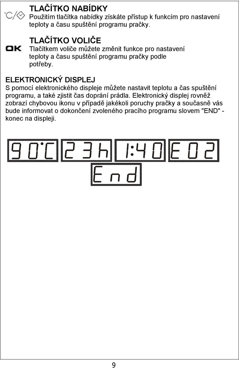 ELEKTRONICKÝ DISPLEJ S pomocí elektronického displeje můžete nastavit teplotu a čas spuštění programu, a také zjistit čas doprání prádla.
