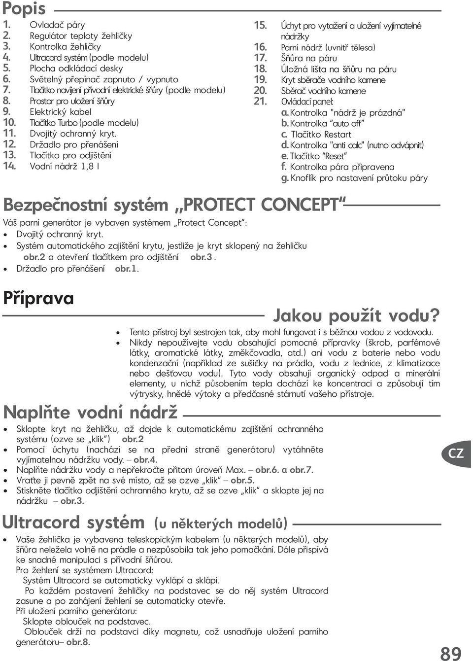 Tlačítko pro odjištění 14. Vodní nádrž 1,8 l 15. Úchyt pro vytažení a uložení vyjímatelné nádržky 16. Parní nádrž (uvnitř tělesa) 17. Šňůra na páru 18. Úložná lišta na šňůru na páru 19.