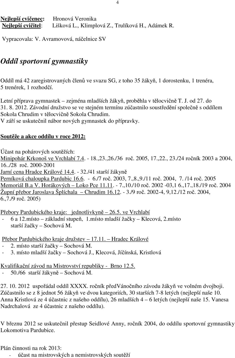 Letní příprava gymnastek zejména mladších žákyň, proběhla v tělocvičně T. J. od 27. do 31. 8. 2012.