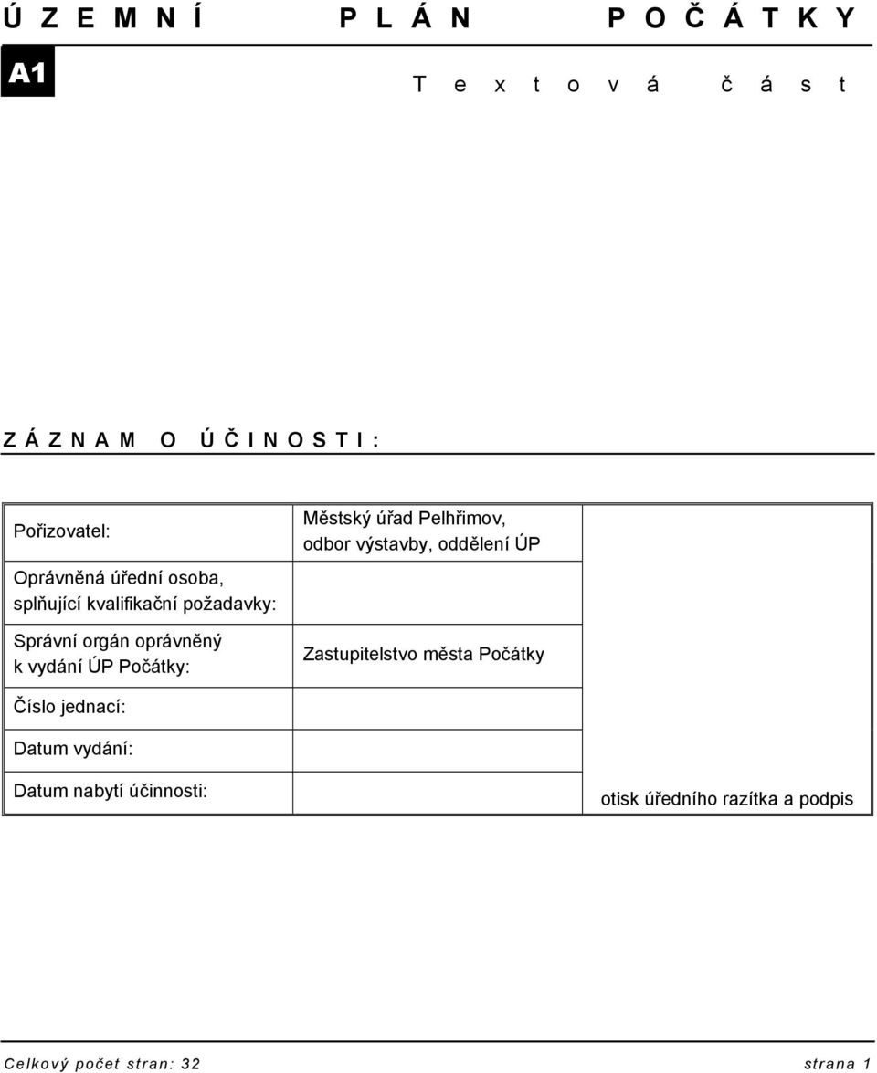 kvalifikační požadavky: Správní orgán oprávněný k vydání ÚP Počátky: Městský úřad Pelhřimov, odbor