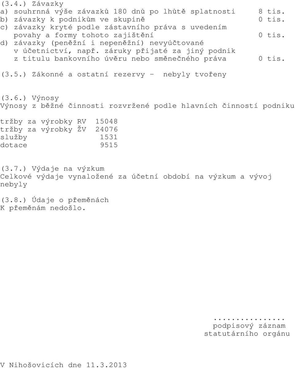 záruky přijaté za jiný podnik z titulu bankovního úvěru nebo směnečného práva 0 tis. (3.5.) Zákonné a ostatní rezervy - nebyly tvořeny (3.6.