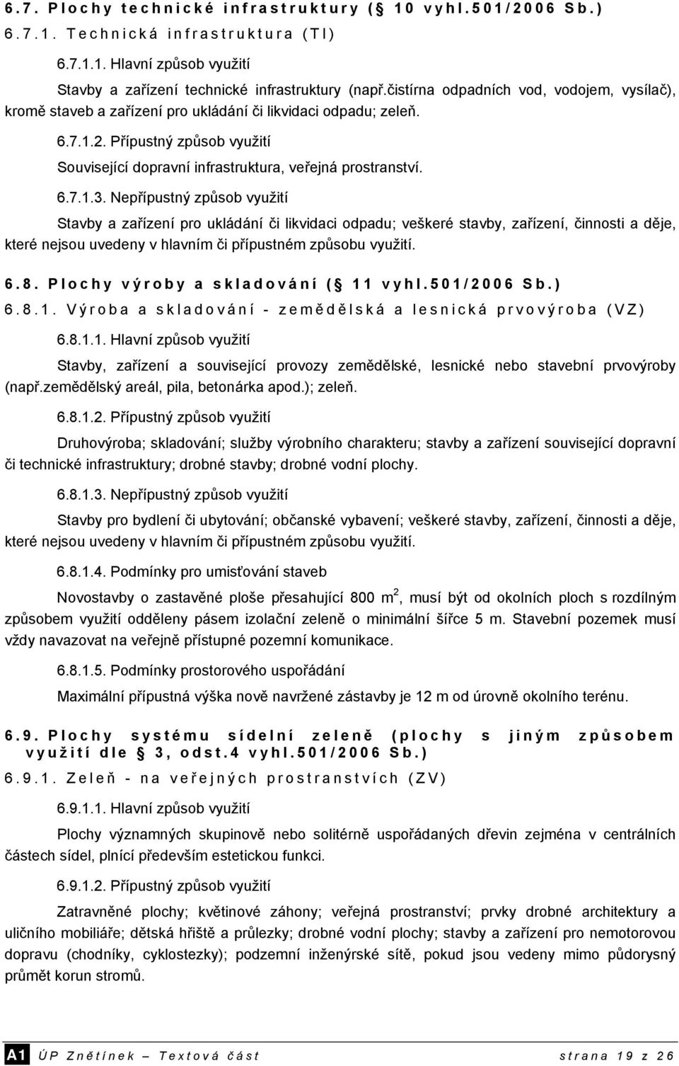 6.7.1.3. Nepřípustný způsob využití Stavby a zařízení pro ukládání či likvidaci odpadu; veškeré stavby, zařízení, činnosti a děje, které nejsou uvedeny v hlavním či přípustném způsobu využití. 6.8.