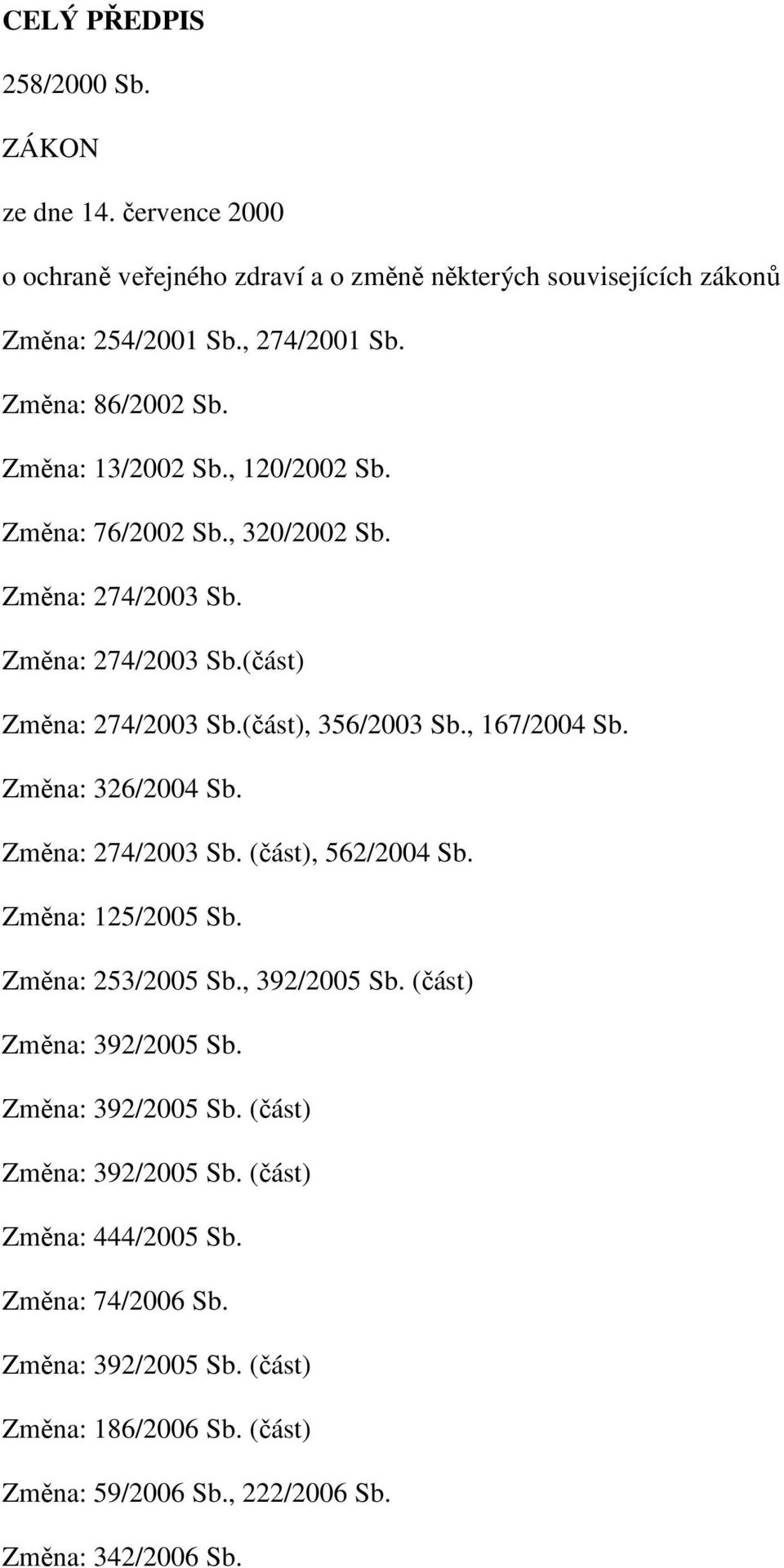 , 167/2004 Sb. Změna: 326/2004 Sb. Změna: 274/2003 Sb. (část), 562/2004 Sb. Změna: 125/2005 Sb. Změna: 253/2005 Sb., 392/2005 Sb. (část) Změna: 392/2005 Sb.