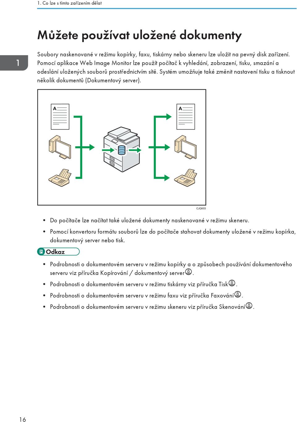 Systém umožňuje také změnit nastavení tisku a tisknout několik dokumentů (Dokumentový server). CJQ603 Do počítače lze načítat také uložené dokumenty naskenované v režimu skeneru.