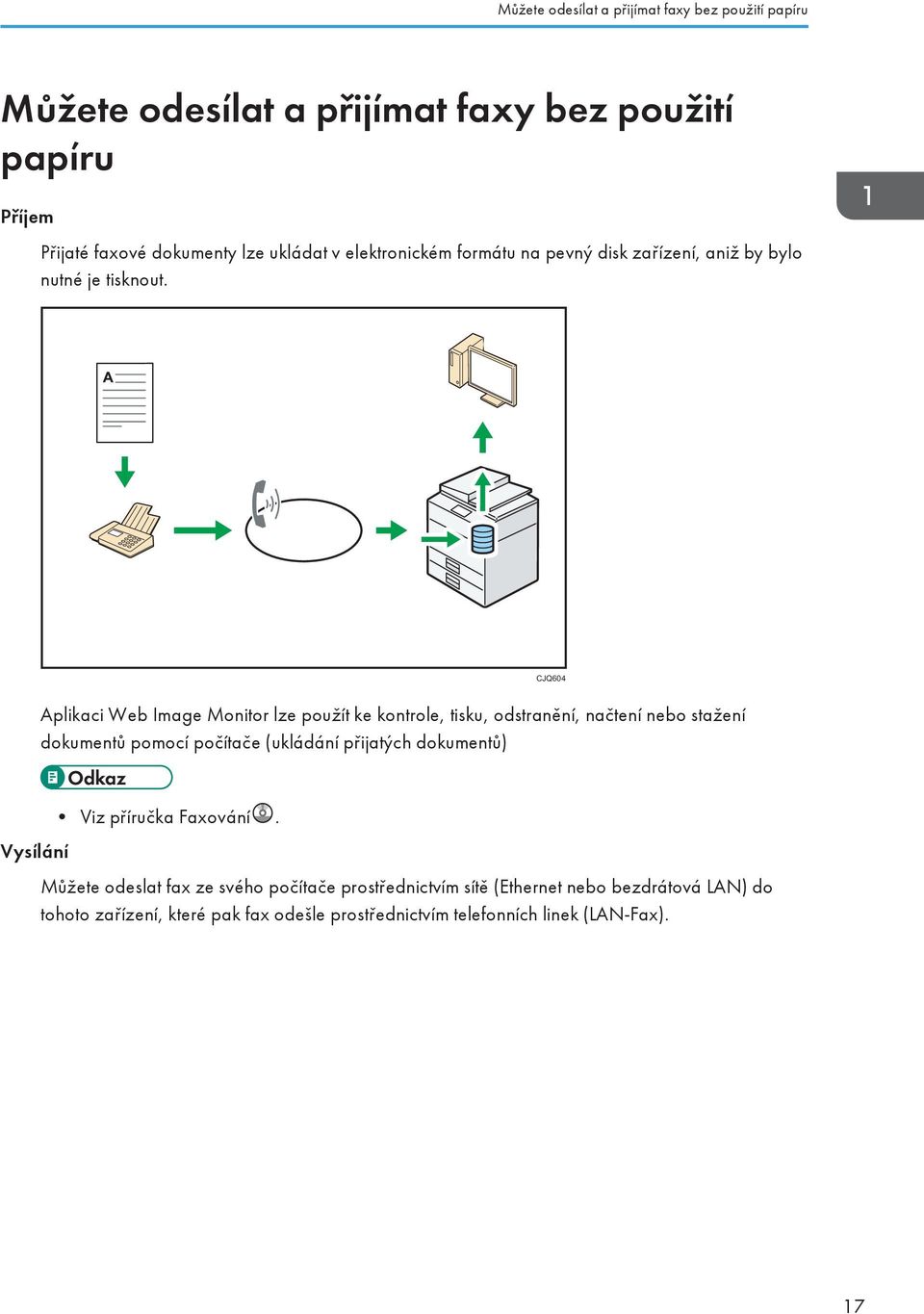 CJQ604 Aplikaci Web Image Monitor lze použít ke kontrole, tisku, odstranění, načtení nebo stažení dokumentů pomocí počítače (ukládání přijatých