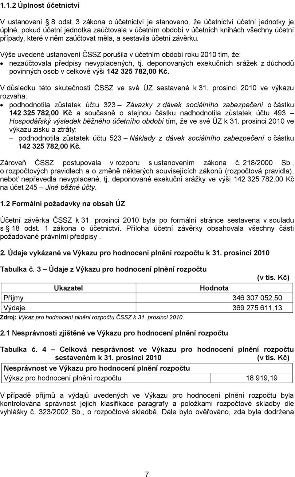 sestavila účetní závěrku. Výše uvedené ustanovení ČSSZ porušila v účetním období roku 2010 tím, že: nezaúčtovala předpisy nevyplacených, tj.