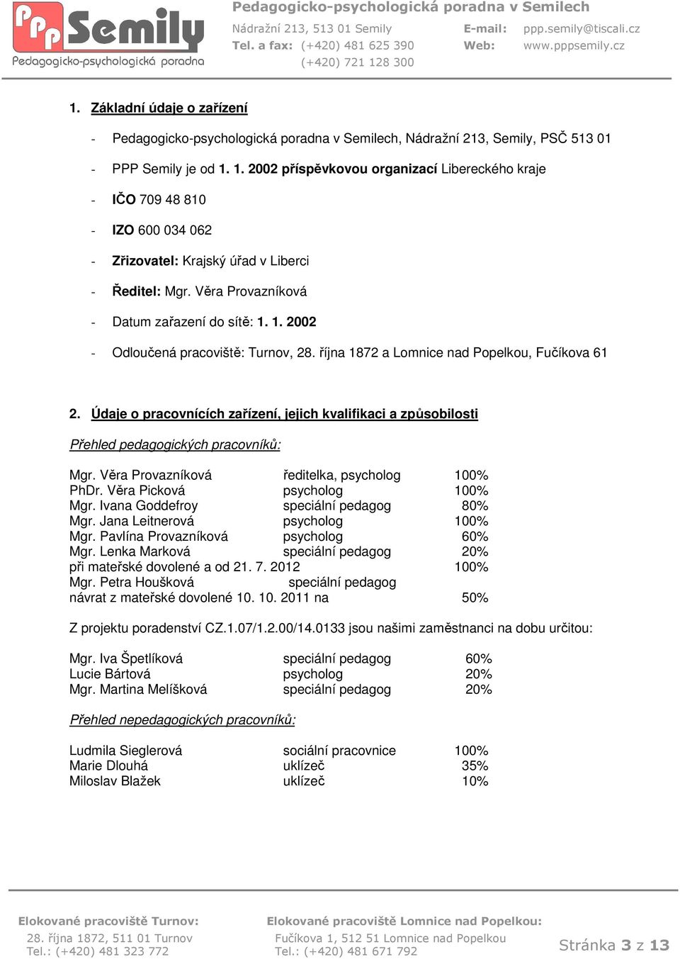 1. 2002 - Odlučená pracviště: Turnv, 28. října 1872 a Lmnice nad Ppelku, Fučíkva 61 2. Údaje pracvnících zařízení, jejich kvalifikaci a způsbilsti Přehled pedaggických pracvníků: Mgr.