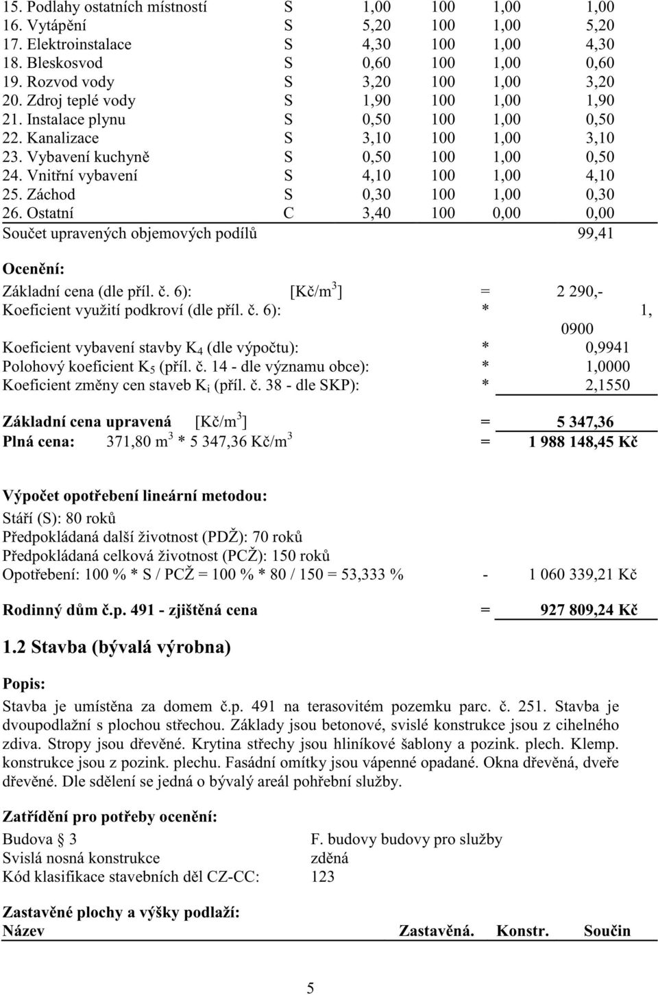 Vnit ní vybavení S 4,10 100 1,00 4,10 25. Záchod S 0,30 100 1,00 0,30 26. Ostatní C 3,40 100 0,00 0,00 Sou et upravených objemových podíl 99,41 Ocen ní: Základní cena (dle p íl.
