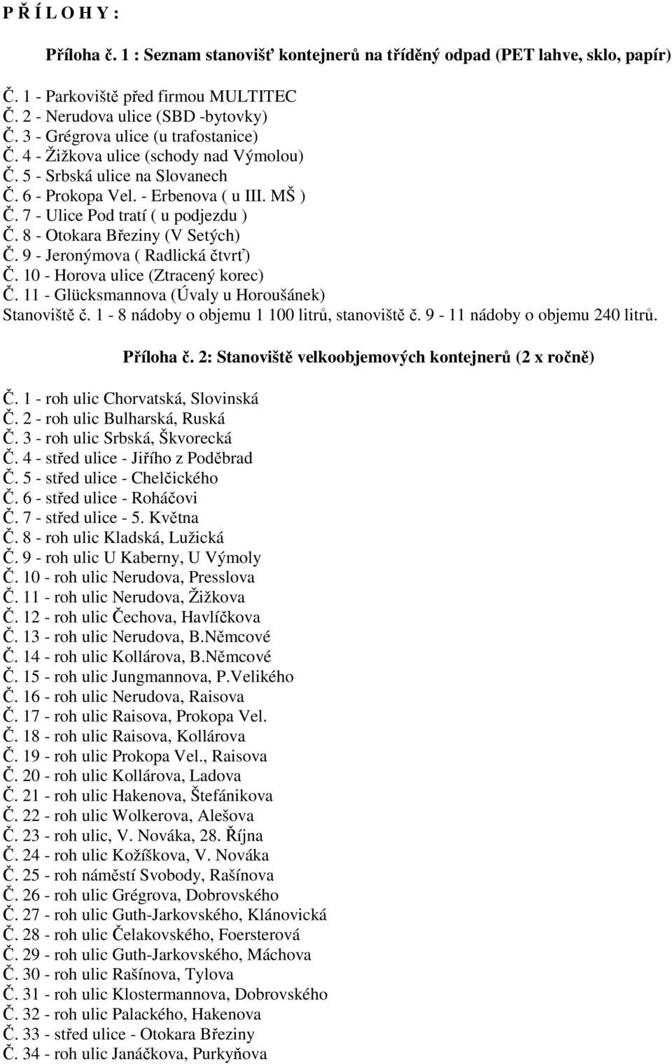 8 - Otokara Březiny (V Setých) Č. 9 - Jeronýmova ( Radlická čtvrť) Č. 10 - Horova ulice (Ztracený korec) Č. 11 - Glücksmannova (Úvaly u Horoušánek) Stanoviště č.