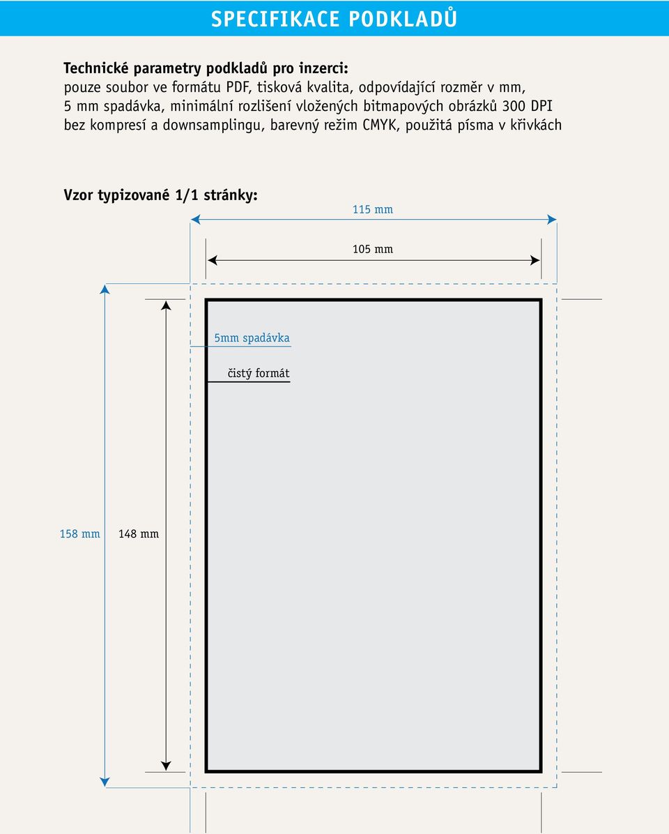 režim CMYK, použitá písma v křivkách Technické parametry podkladů pro inzerci: rozměr 1:1, soubor v barevném režimu CMYK,