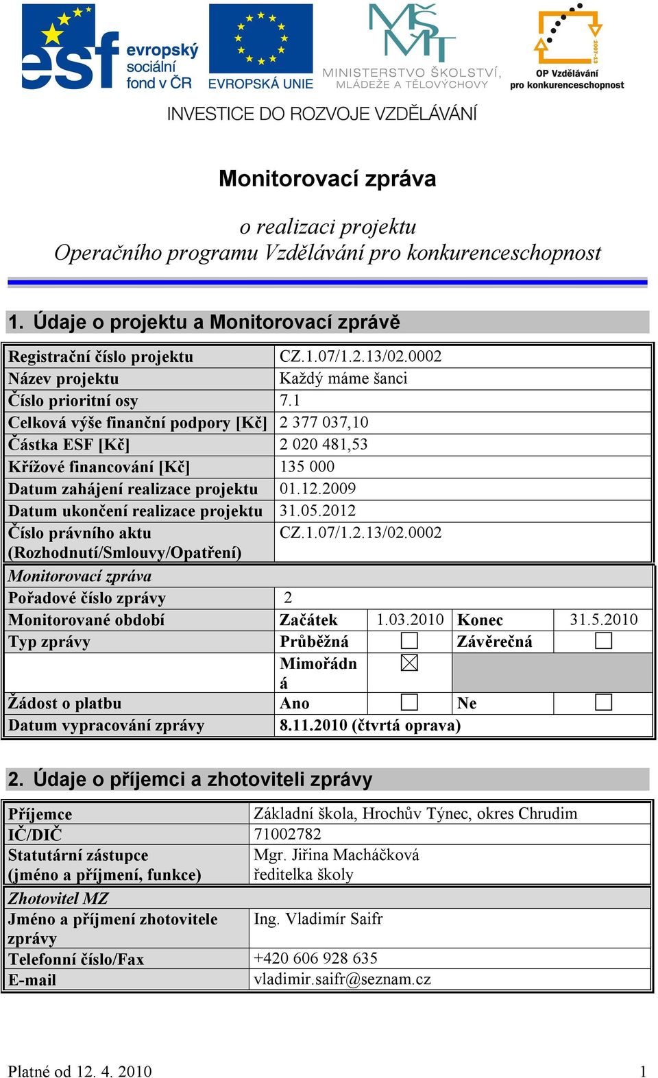 1 Celková výše finanční podpory [Kč] 2 377 037,10 Částka ESF [Kč] 2 020 481,53 Křížové financování [Kč] 135 000 Datum zahájení realizace projektu 01.12.2009 Datum ukončení realizace projektu 31.05.