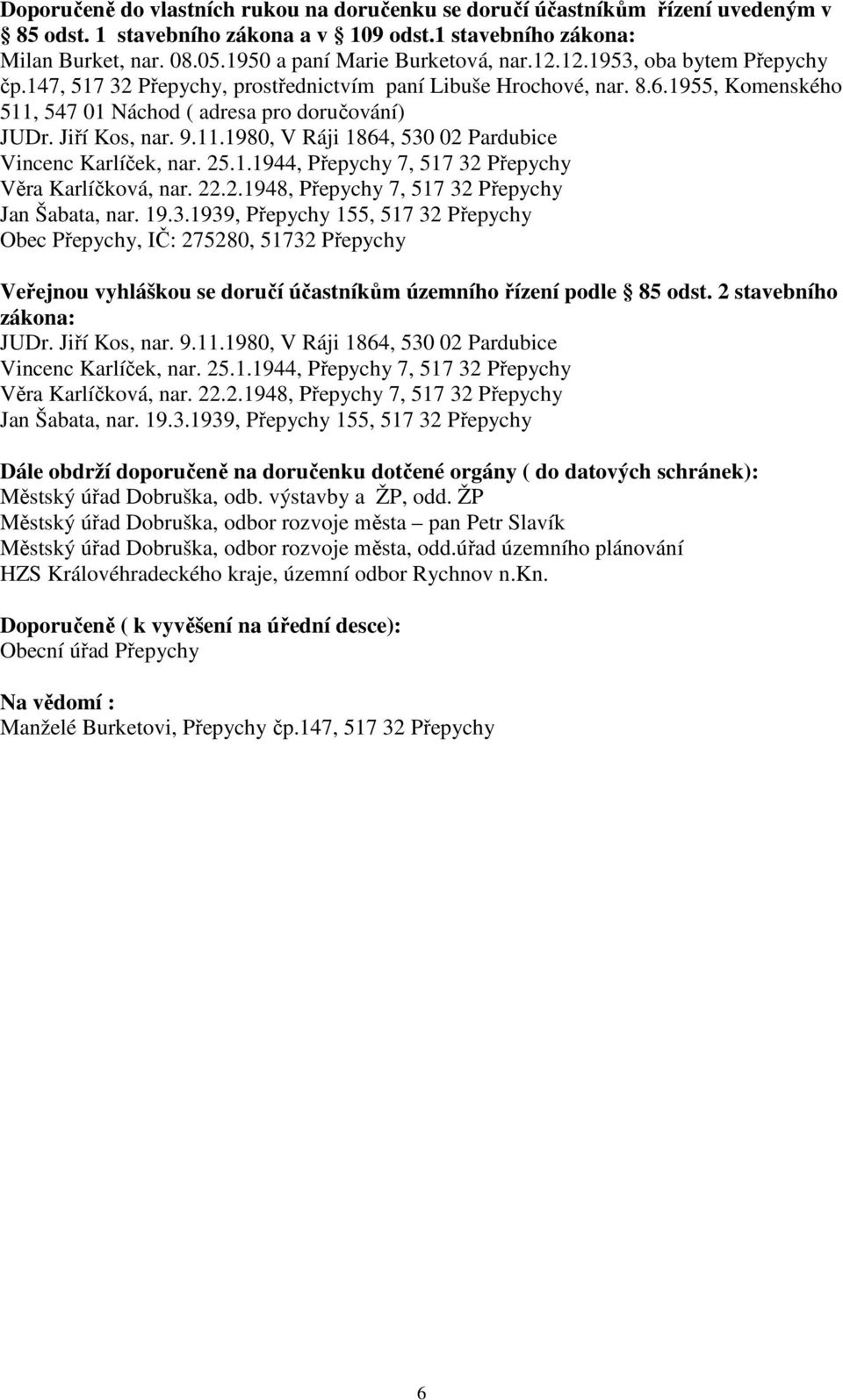 1955, Komenského 511, 547 01 Náchod ( adresa pro doručování) JUDr. Jiří Kos, nar. 9.11.1980, V Ráji 1864, 530 02 Pardubice Vincenc Karlíček, nar. 25.1.1944, Přepychy 7, 517 32 Přepychy Věra Karlíčková, nar.