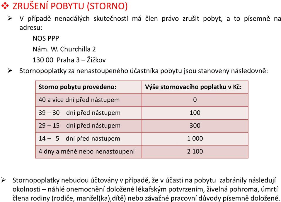 více dní před nástupem 0 39 30 dní před nástupem 100 29 15 dní před nástupem 300 14 5 dní před nástupem 1 000 4 dny a méně nebo nenastoupení 2 100 Stornopoplatky nebudou