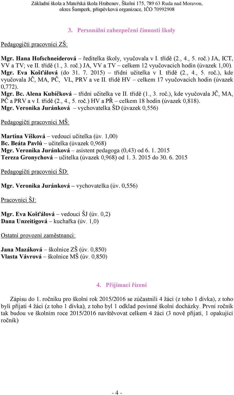třídě HV celkem 17 vyučovacích hodin (úvazek 0,772). Mgr. Bc. Alena Kubíčková třídní učitelka ve II. třídě (1., 3. roč.), kde vyučovala JČ, MA, PČ a PRV a v I. třídě (2., 4., 5. roč.) HV a PŘ celkem 18 hodin (úvazek 0,818).