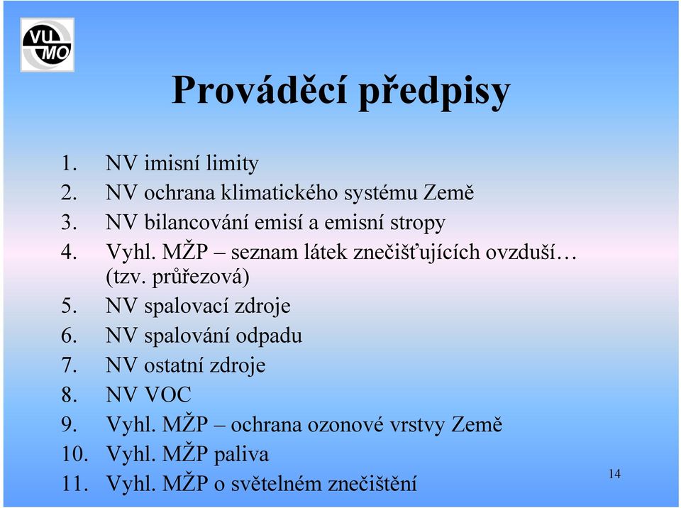 průřezová) 5. NV spalovací zdroje 6. NV spalování odpadu 7. NV ostatní zdroje 8. NV VOC 9.