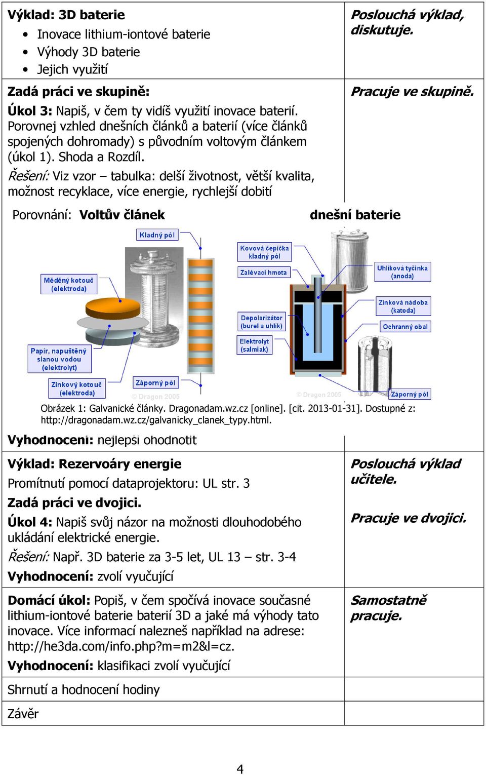 Řešení: Viz vzor tabulka: delší životnost, větší kvalita, možnost recyklace, více energie, rychlejší dobití Poslouchá výklad, diskutuje. Pracuje ve skupině.