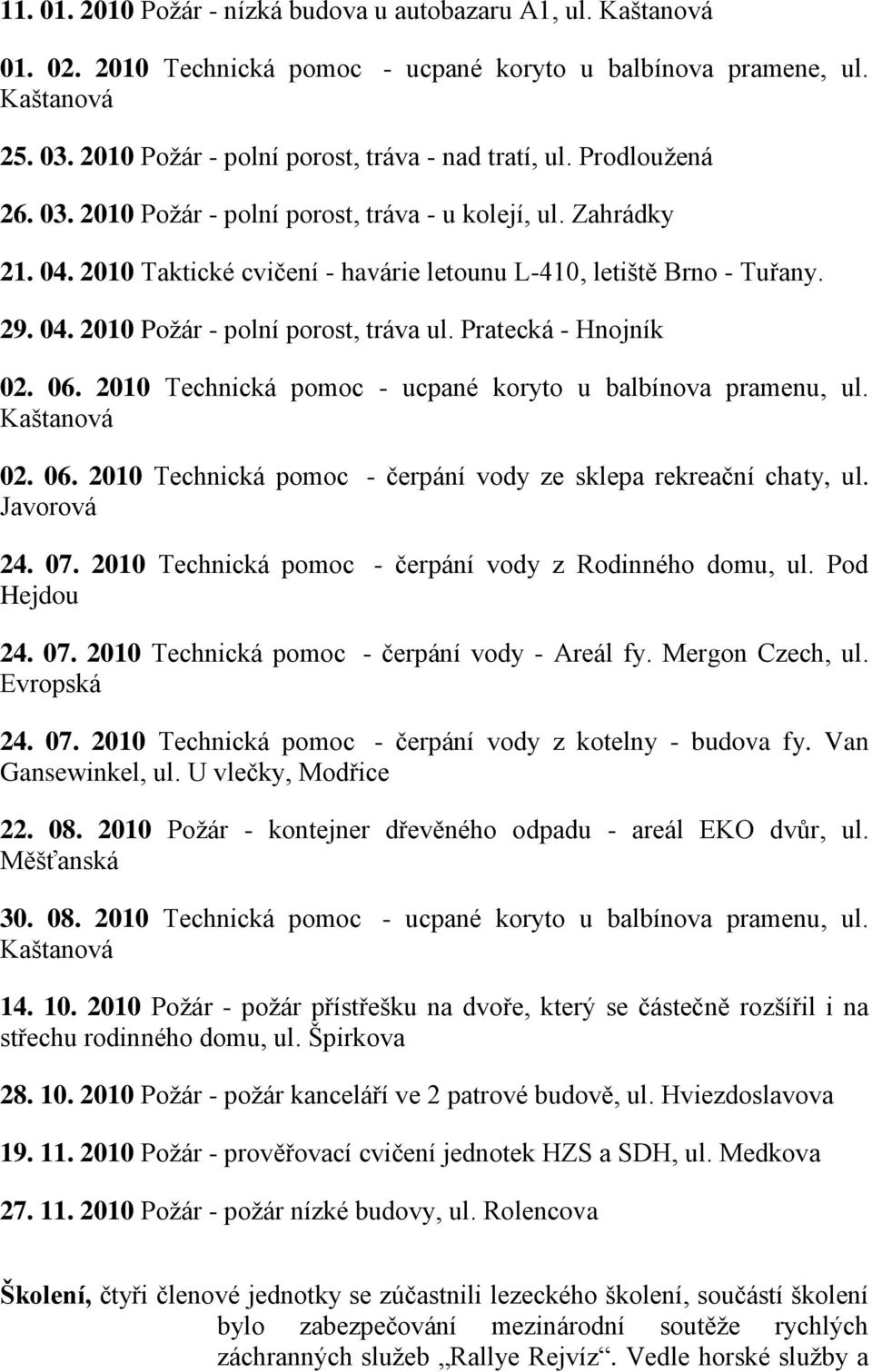 2010 Taktické cvičení - havárie letounu L-410, letiště Brno - Tuřany. 29. 04. 2010 Požár - polní porost, tráva ul. Pratecká - Hnojník 02. 06.