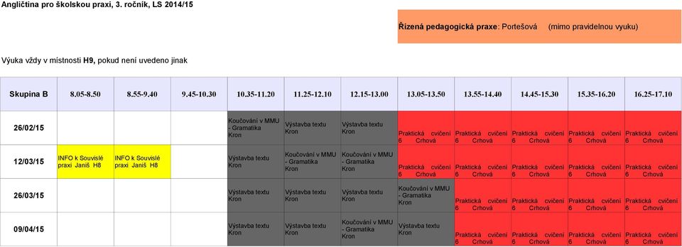 Výuka vždy v místnosti H9, pokud není uvedeno jinak Skupina B 26/02/15 6 6