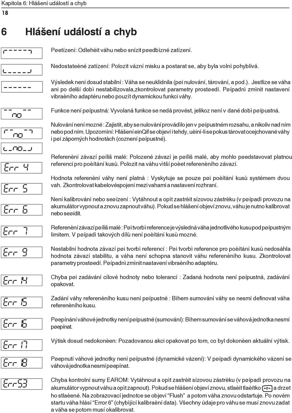Jestlize se váha ani po delší dobì nestabilizovala,zkontrolovat parametry prostøedí. Pøípadnì zmìnit nastavení vibraèního adaptéru nebo pouzít dynamickou funkci váhy.
