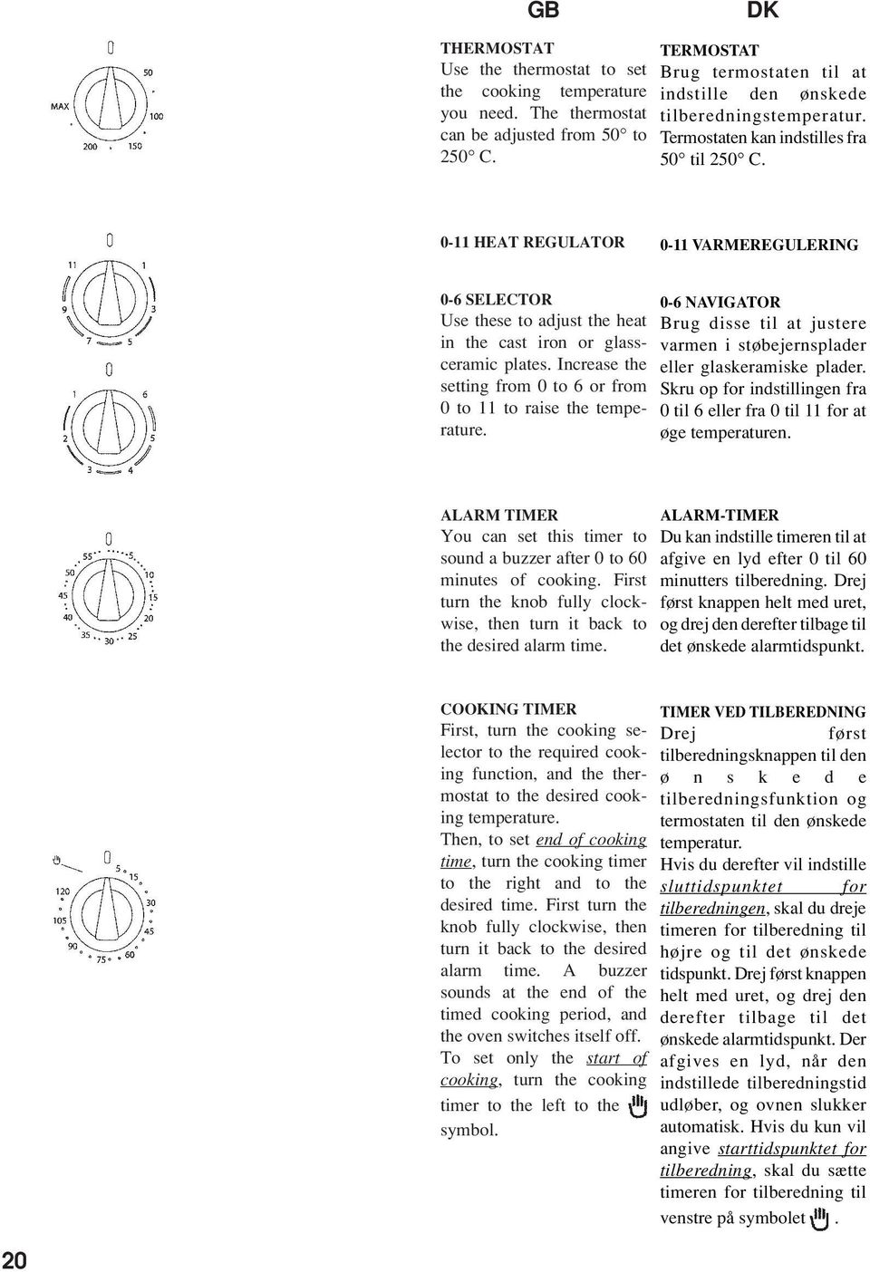 0-11 HEAT REGULATOR 0-11 VARMEREGULERING 0-6 SELECTOR Use these to adjust the heat in the cast iron or glassceramic plates. Increase the setting from 0 to 6 or from 0 to 11 to raise the temperature.