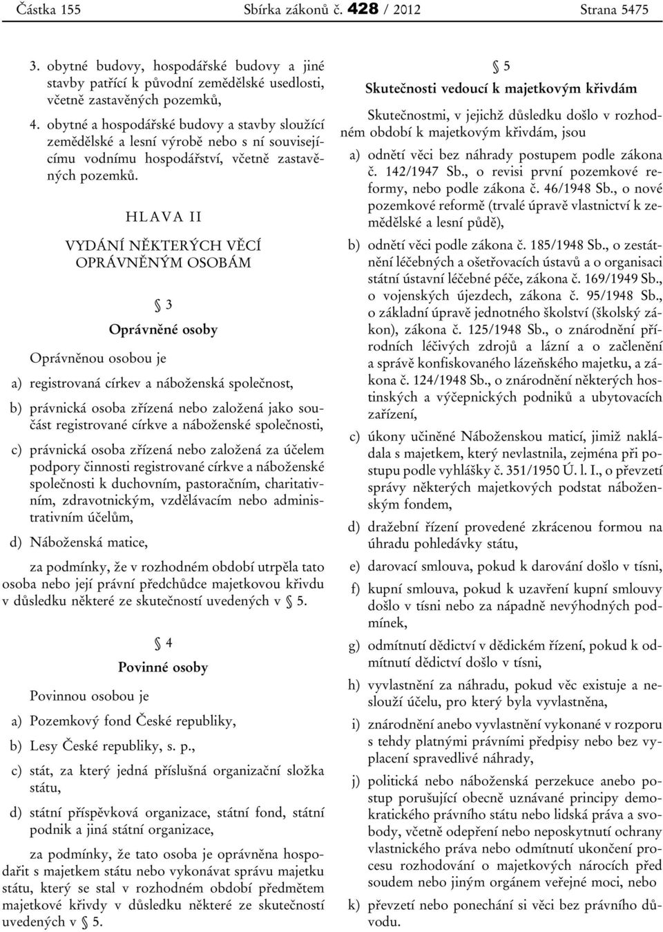 HLAVA II VYDÁNÍ NĚKTERÝCH VĚCÍ OPRÁVNĚNÝM OSOBÁM 3 Oprávněné osoby Oprávněnou osobou je a) registrovaná církev a náboženská společnost, b) právnická osoba zřízená nebo založená jako součást