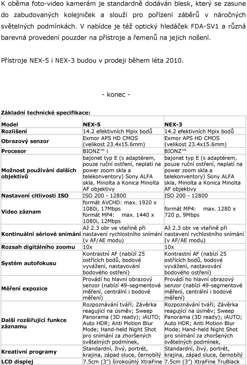 - konec - Základní technické specifikace: Model NEX-5 NEX-3 Rozlišení 14.2 efektivních Mpix bodů 14.2 efektivních Mpix bodů Obrazový senzor Exmor APS HD CMOS Exmor APS HD CMOS (velikost 23.4x15.