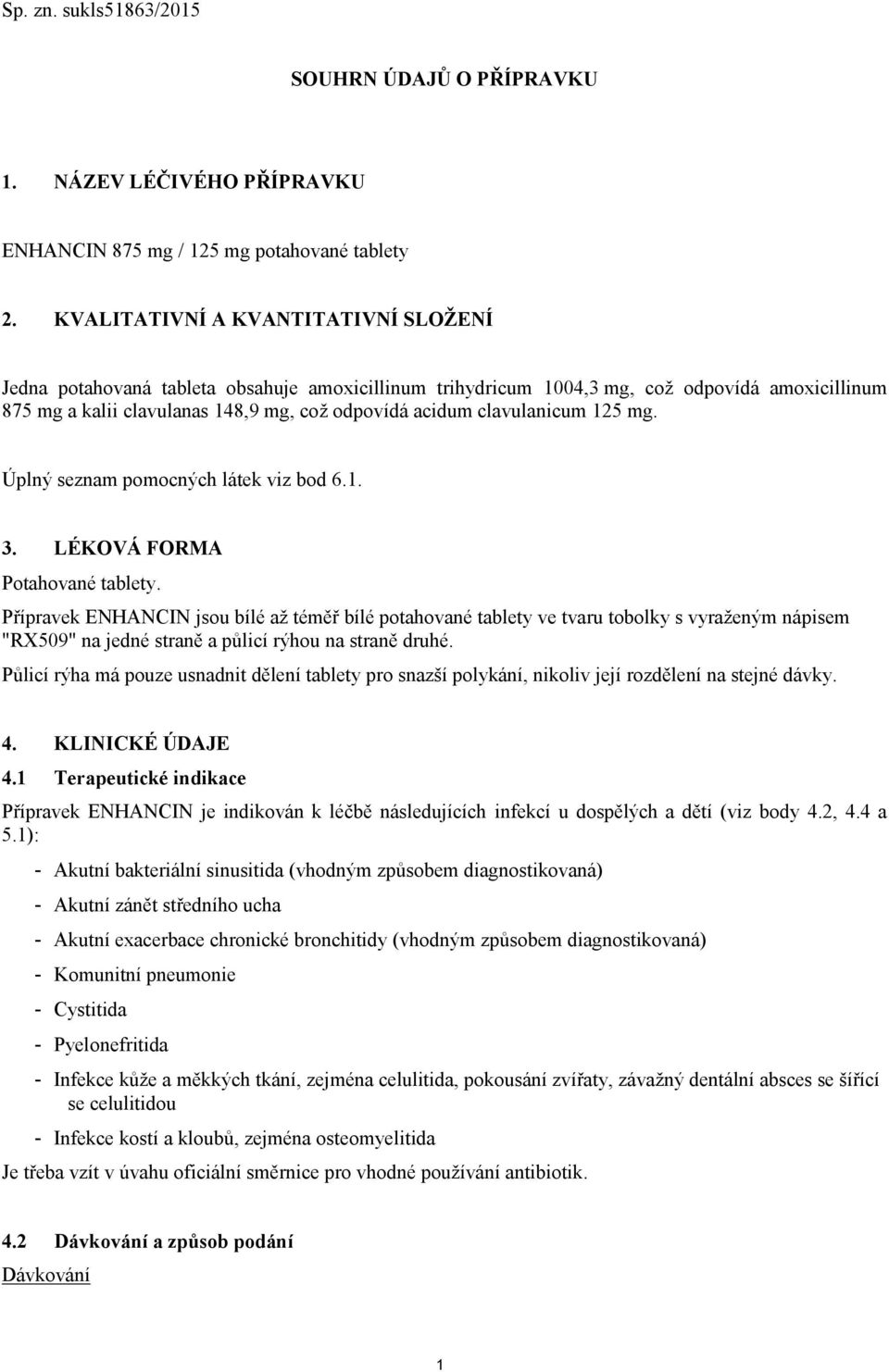 clavulanicum 125 mg. Úplný seznam pomocných látek viz bod 6.1. 3. LÉKOVÁ FORMA Potahované tablety.